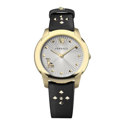 Audrey Leren Horloge met Gouden Nieten Versace , Yellow , Dames