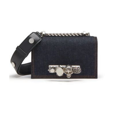 Denim Mini Juwelen Tas met Vier Ring Handvat Alexander McQueen , Blue , Dames