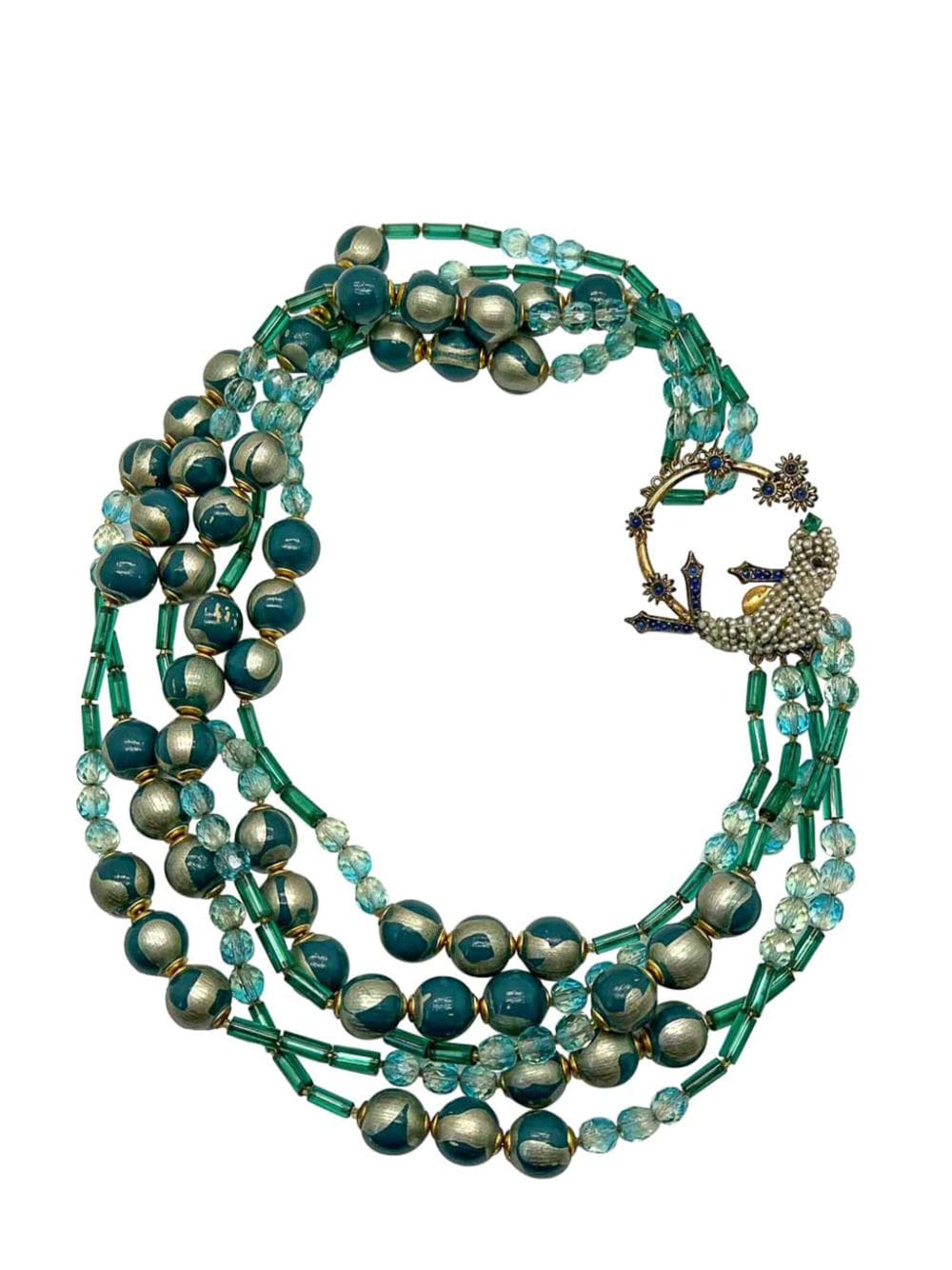 Jennifer Gibson Jewellery Vintage Ornella Italy Bird of Paradise Clasped Multirow Necklace 1960s - Groen