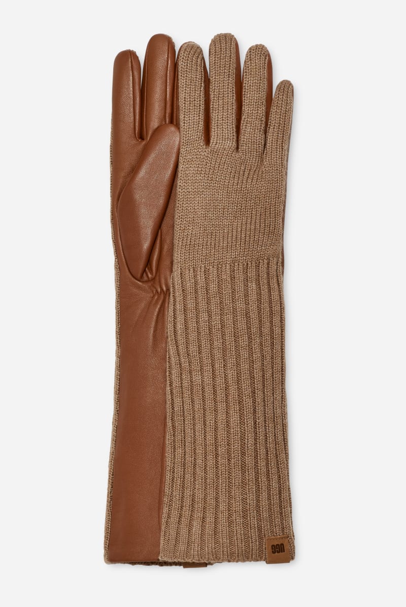 UGG® Gebreide handschoen met leer in Brown, Maat L, Leder