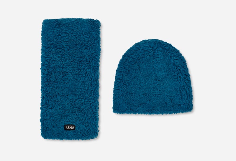UGG® Sherpa Beanie and Scarf Set for Kids in Blue Sapphire, Size 2/4 YRS