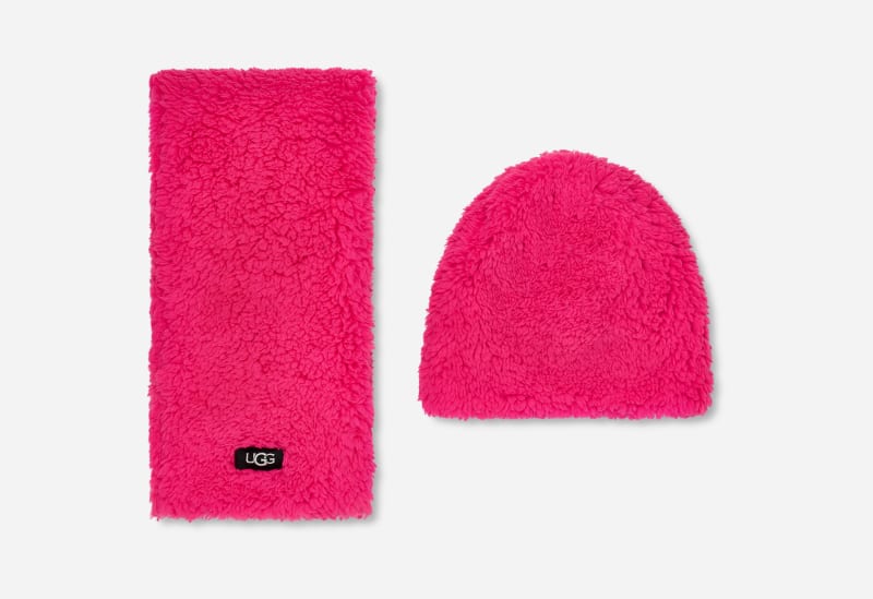 UGG® Sherpa Beanie and Scarf Set for Kids in Neon Pink, Size 4/6 YRS