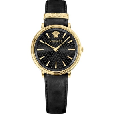 V Circle Leren Horloge Zwart Goud Versace , Yellow , Dames