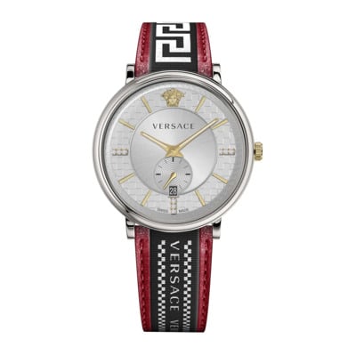 V-circle Multifunctioneel Leren Horloge Versace , Gray , Heren