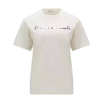 Witte Geribbelde T-shirts en Polos met Paillet Logo Moncler , White , Dames