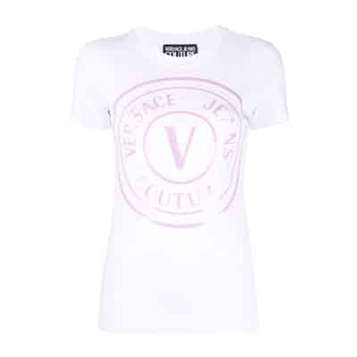 Witte T-shirt met Logo Print van Stretch Katoen voor Dames Versace Jeans Couture , White , Dames