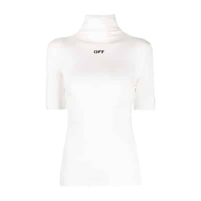 Witte T-shirt met Zwarte Logo Print en Hoge Hals Off White , White , Dames