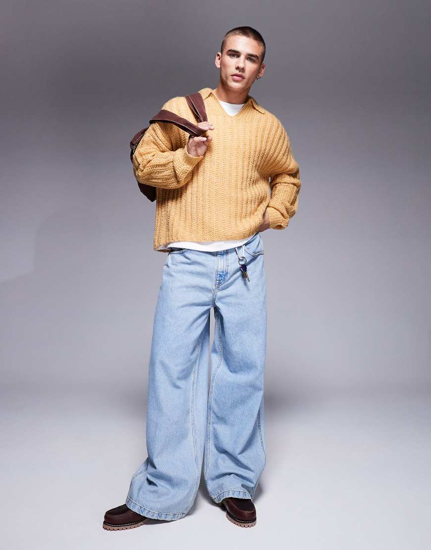 ASOS DESIGN - Oversize-Pullover aus angerautem, grobem Rippstrick in Steinbeige mit eingekerbtem Ausschnitt-Neutral