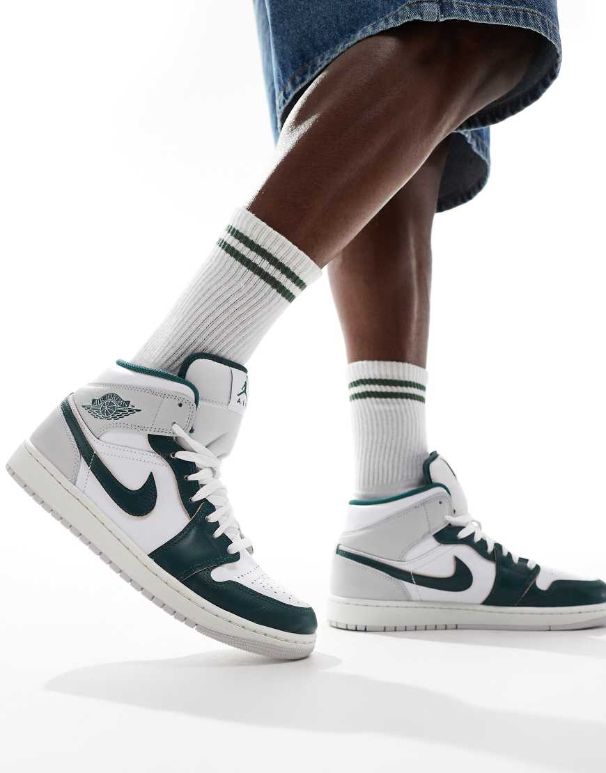 Air Jordan 1 Mid - Sneaker in Weiß, Grau und Dunkelgrün