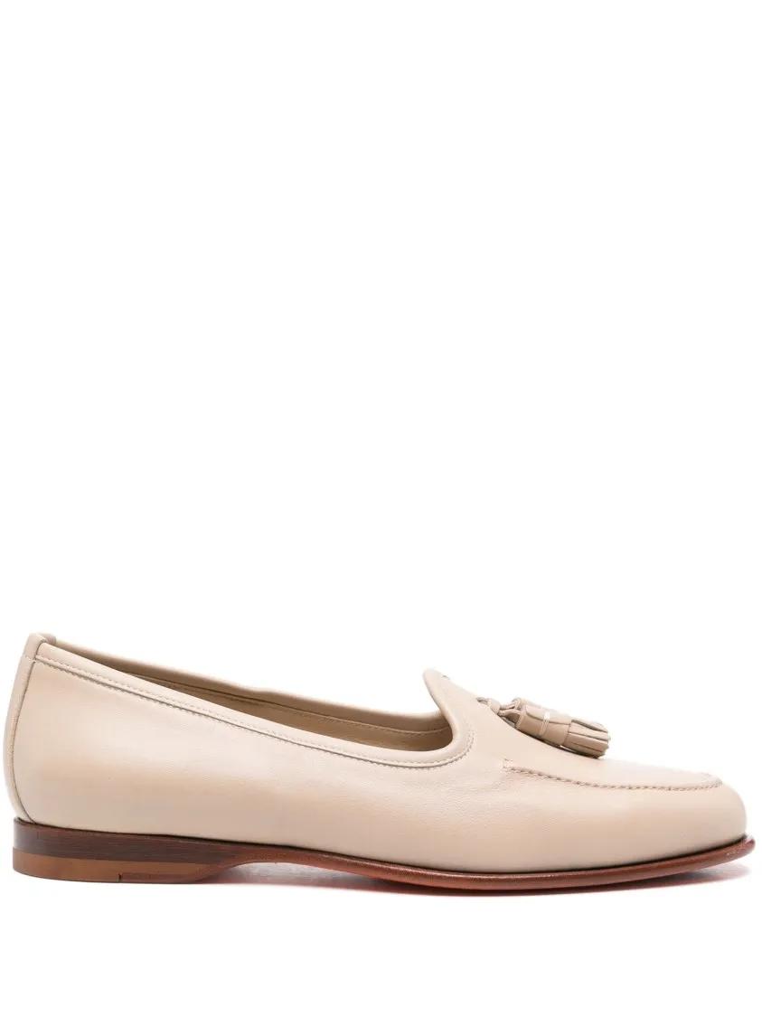 - Beige Leather Tassel Loafers With Rubber Sole in beige