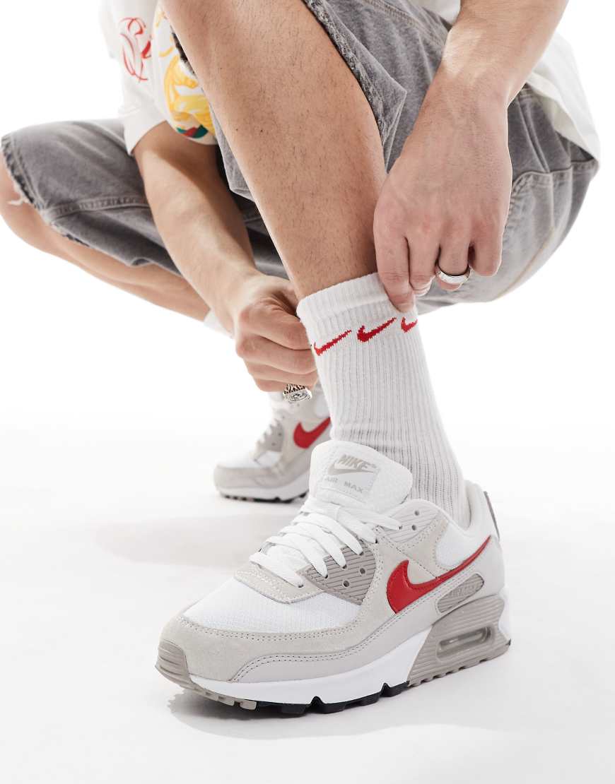 Nike - Air Max 90 - Unisex-Sneaker in Weiß und Rot-Grau