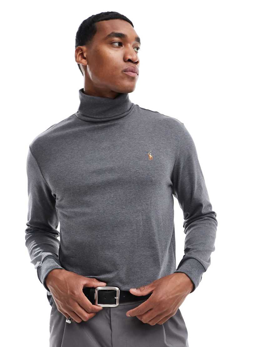 Polo Ralph Lauren - Langärmliges T-Shirt aus Pima-Baumwolle in Anthrazit meliert mit Markenlogo und Stehkragen-Grau