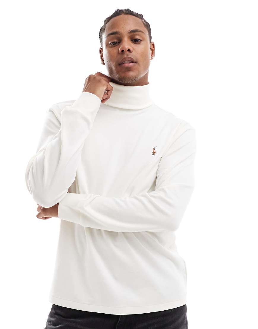 Polo Ralph Lauren - Langärmliges T-Shirt aus Pima-Baumwolle in Weiß mit Markenlogo und Stehkragen