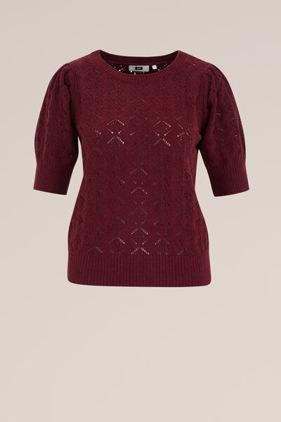 WE Fashion - Dames Gebreide trui met opengewerkt dessin - Regular fit - Bordeauxrood - Maat: XS