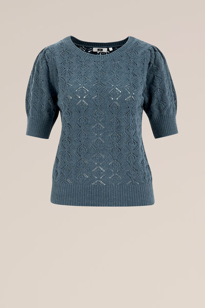 WE Fashion - Dames Gebreide trui met opengewerkt dessin - Regular fit - Groenblauw - Maat: XS