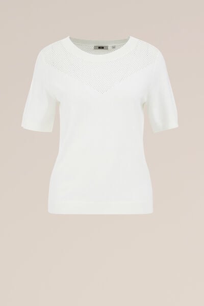 WE Fashion - Dames gebreide trui met opengewerkt dessin - Regular fit - Gebroken wit - LENZING™ ECOVERO™ viscose - Maat: XS