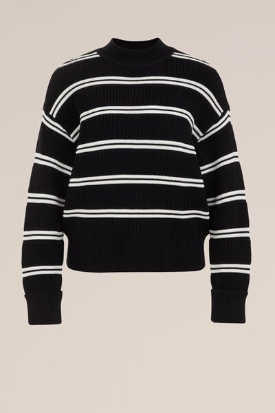 WE Fashion - Dames gebreide trui met streep - Regular fit - Zwart - Katoen - Maat: XS