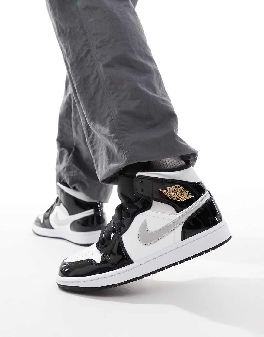 Nike - Air Jordan 1 Mid - Sneaker in Weiß, Schwarz und Silber