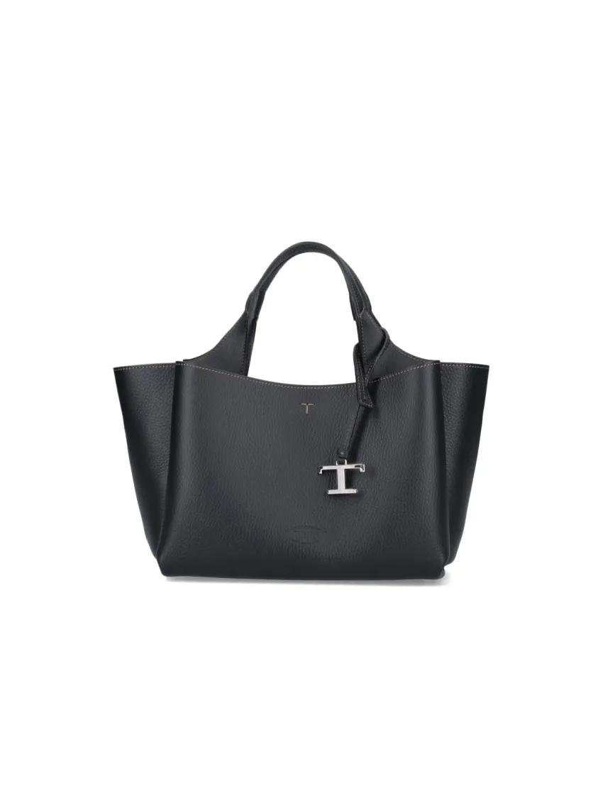 Tod's Shoppers & Totes - Textured Black Leather Mini Tote Bag in zwart