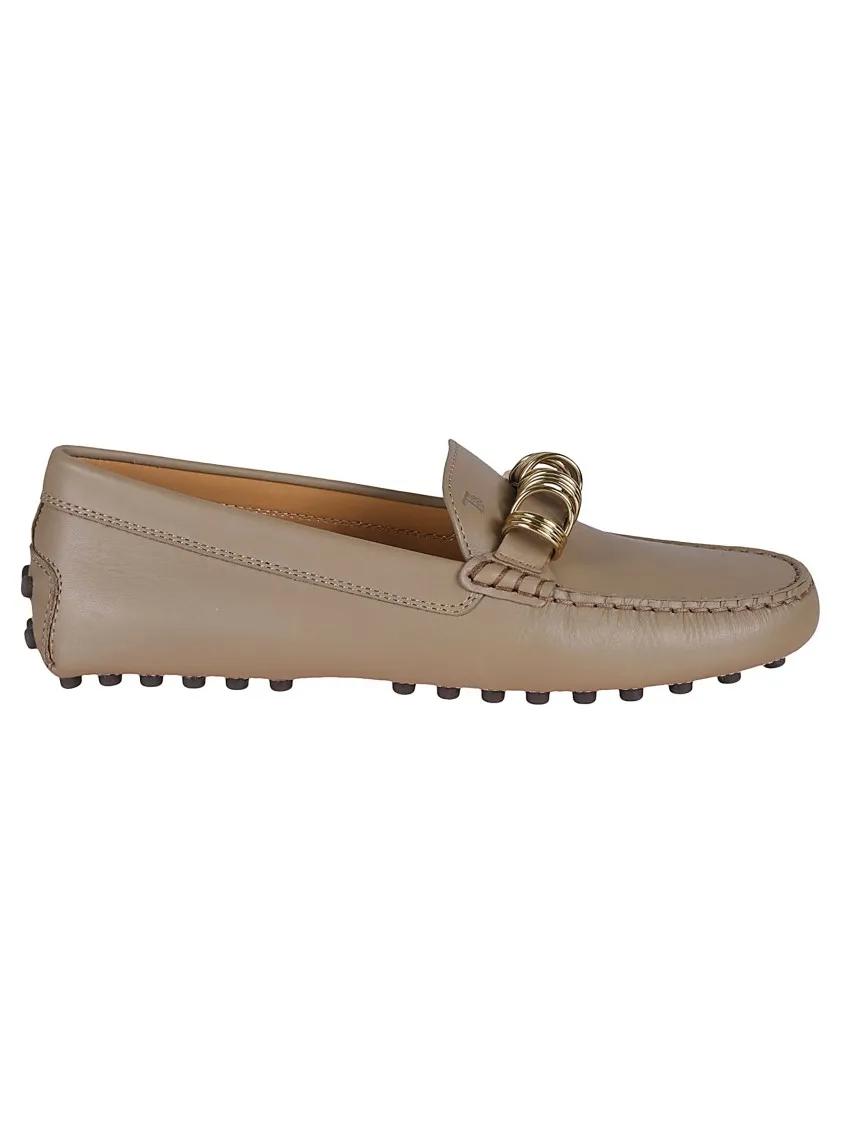 - Rounded Toe Leather Loafers With Decorative Metal in bruin