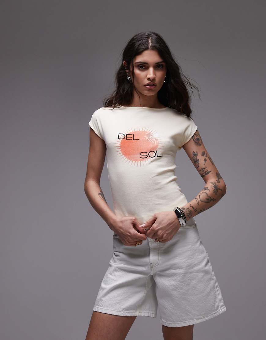 Topshop - T-Shirt in Gelb mit Kappärmeln und "DEL SOL"-Grafik