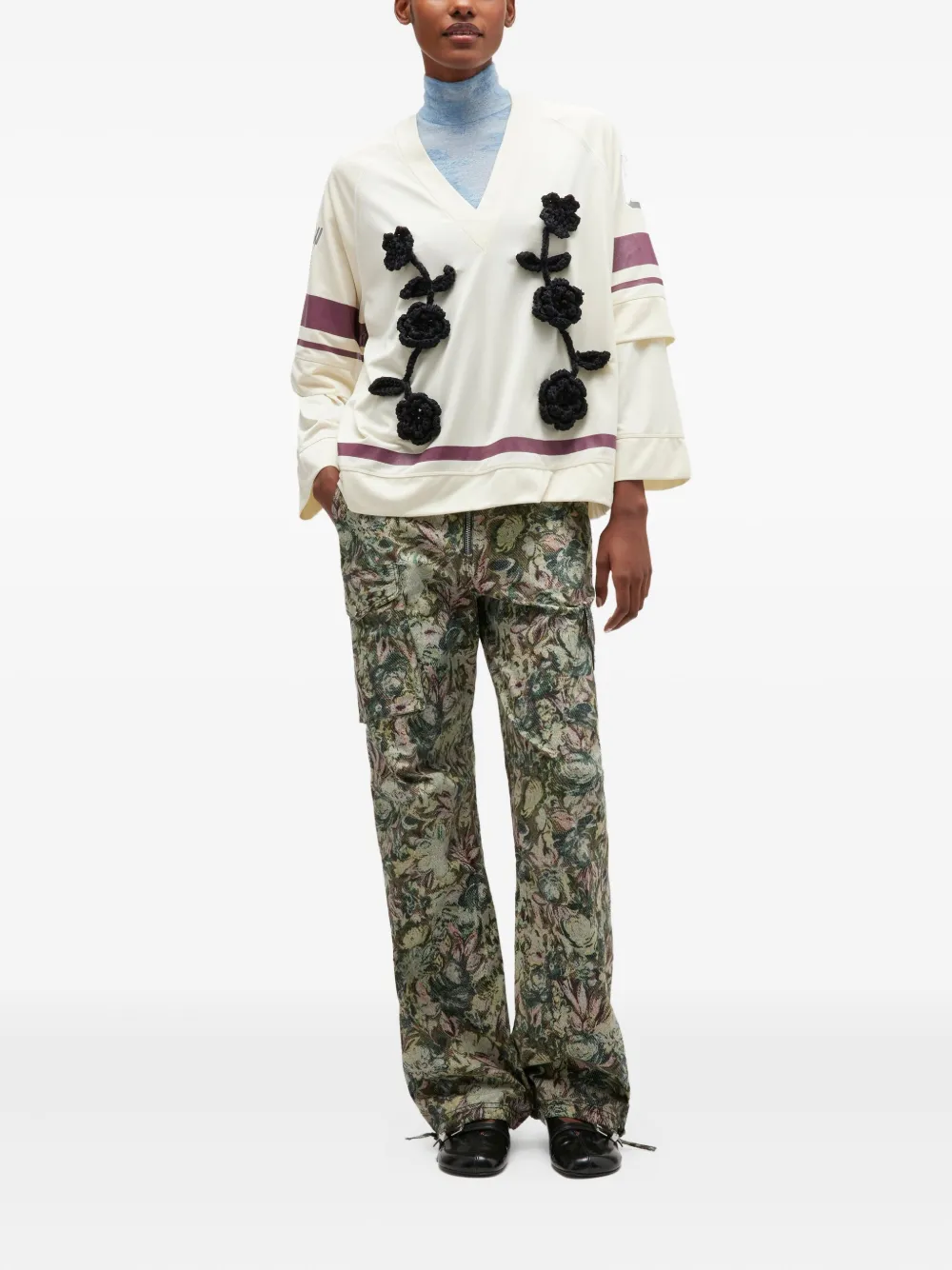 GANNI Jersey top met gehaakte bloemen - Beige