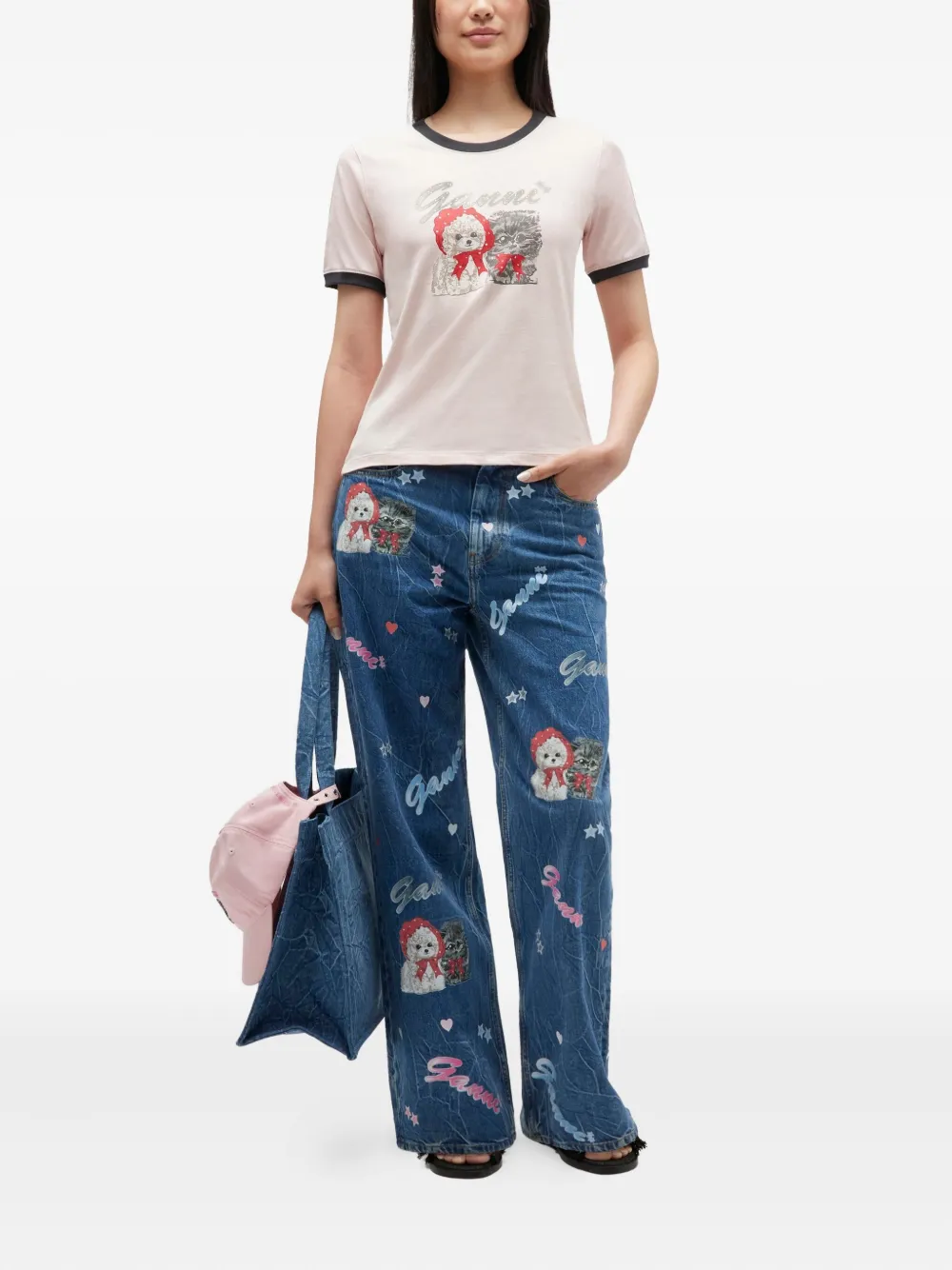 GANNI Ringer T-shirt met hondenprint - Beige
