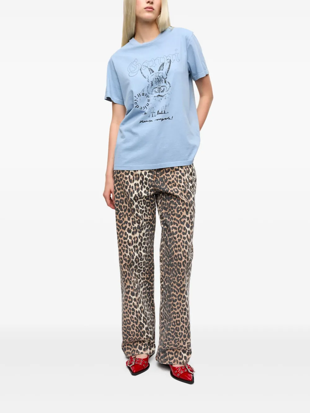 GANNI T-shirt met Bunny-print - Blauw