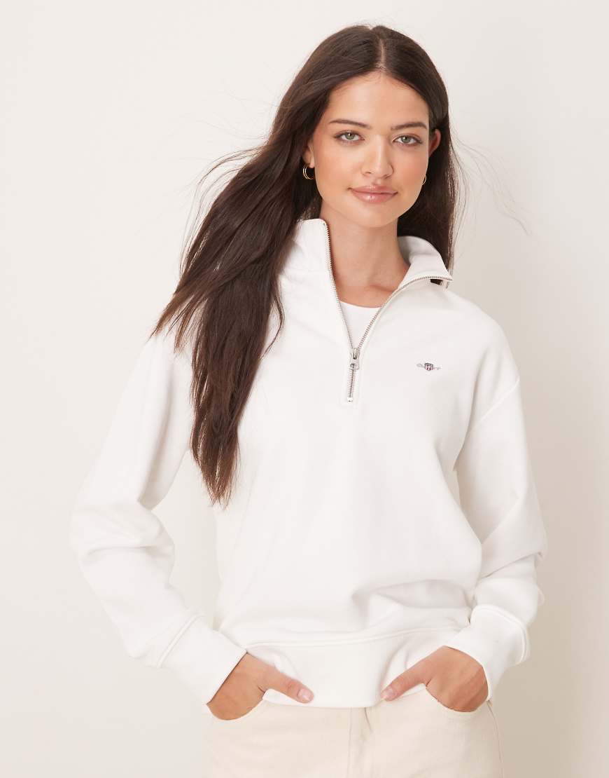 GANT - Sweatshirt in Weiß mit Schild-Logo und halblangem Reißverschluss