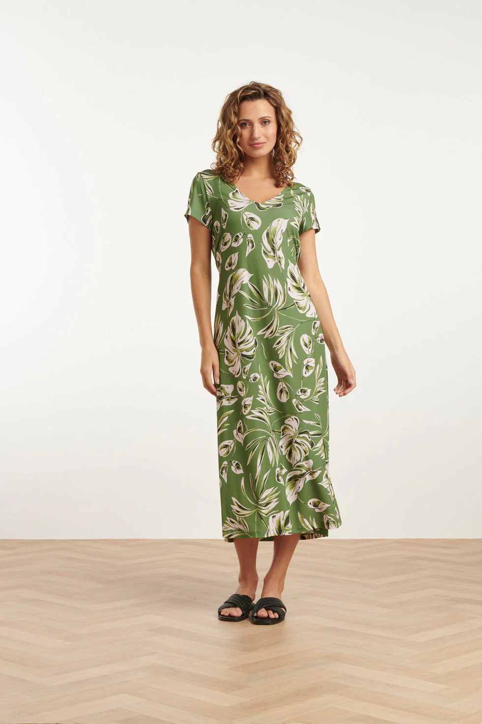 Smashed Lemon 25159 leaf print stretch midi jurk |