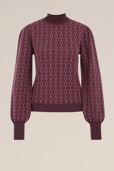 WE Fashion - Dames Gebreide trui met print - Regular fit - Donkerrood - Katoen - Maat: XS