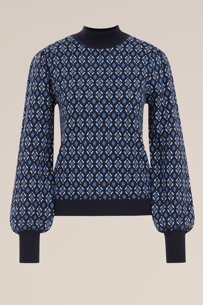 WE Fashion - Dames Gebreide trui met print - Regular fit - Marineblauw - Katoen - Maat: XS