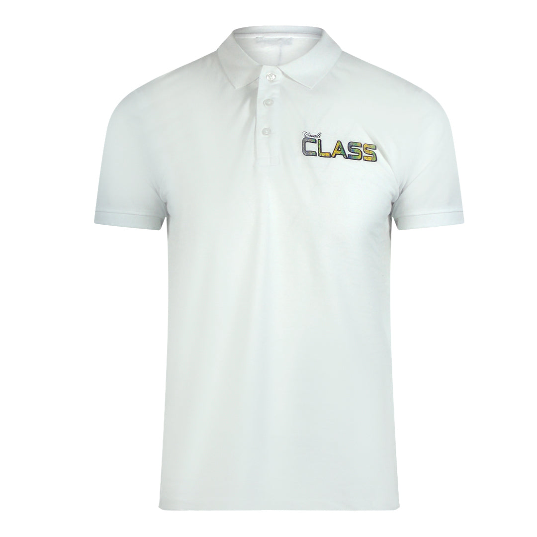 Cavalli Class Levendige Bloemenlogo Off White Poloshirt