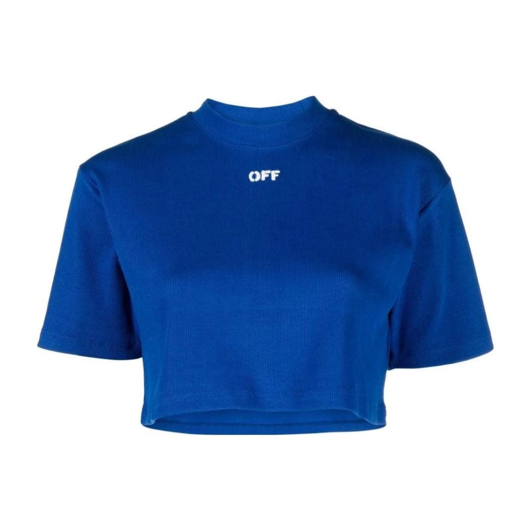 Off White Dames Stamp Ribbed Crop T-Shirt (Blauw)