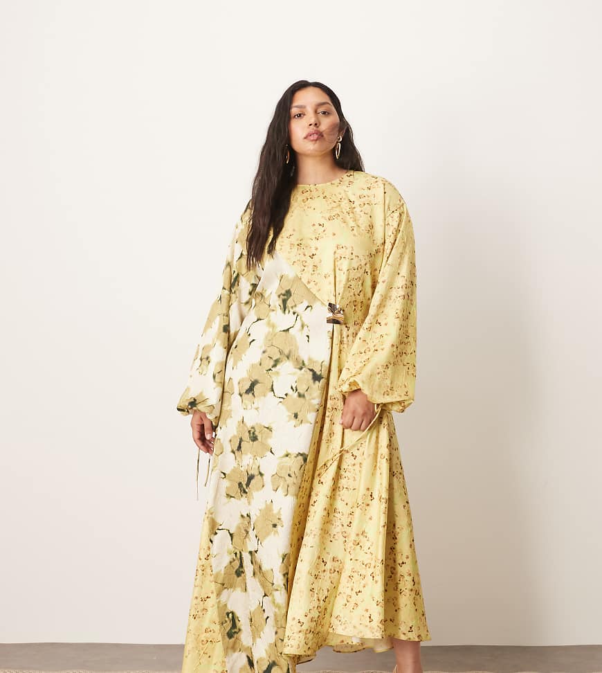 ARRANGE Curve - Langärmliges Midikleid aus Satin mit Knitterstruktur, Borte im Farbblockdesign und Blumenmuster-Bunt