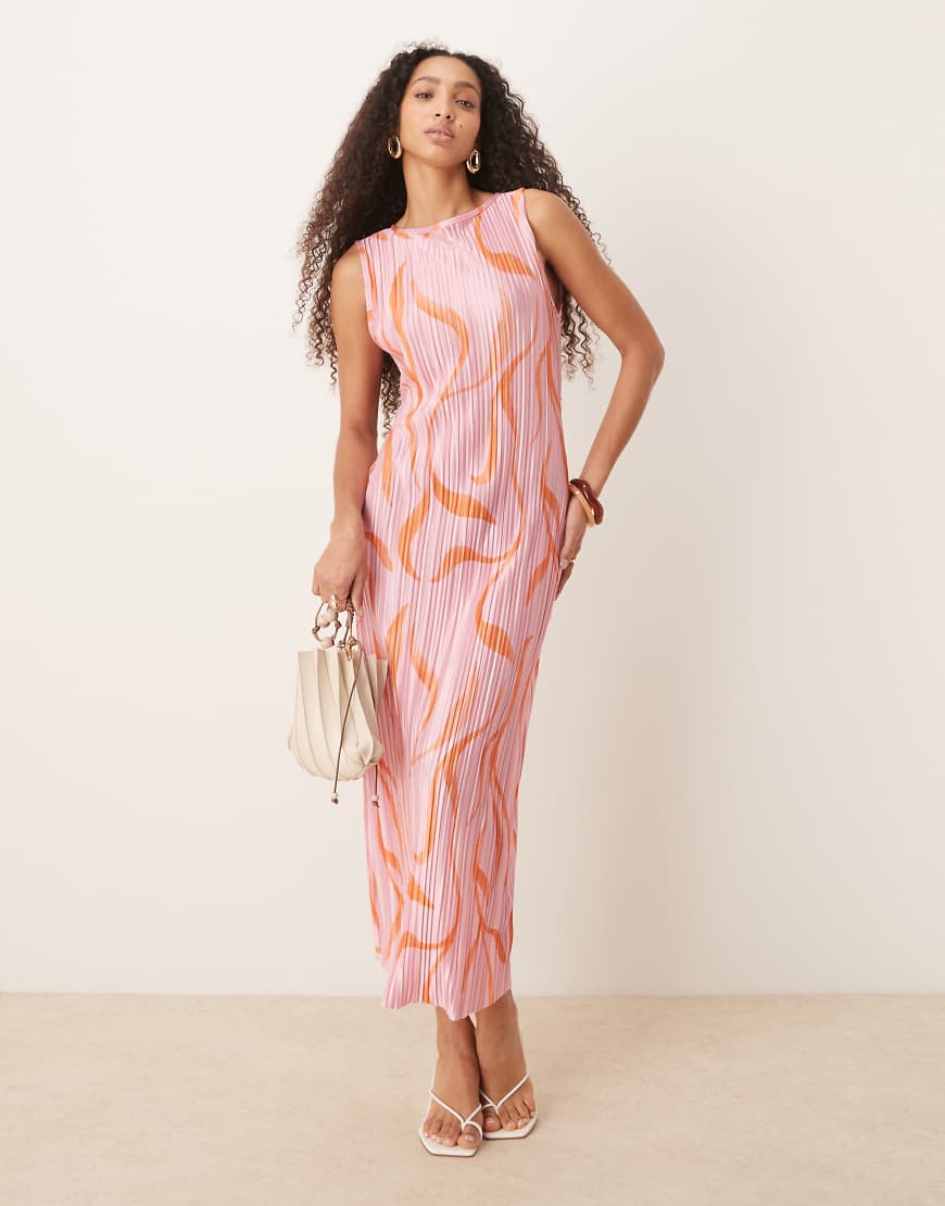 ASOS DESIGN - Ärmelloses Plissee-Midikleid mit rosa Wirbelmuster-Bunt