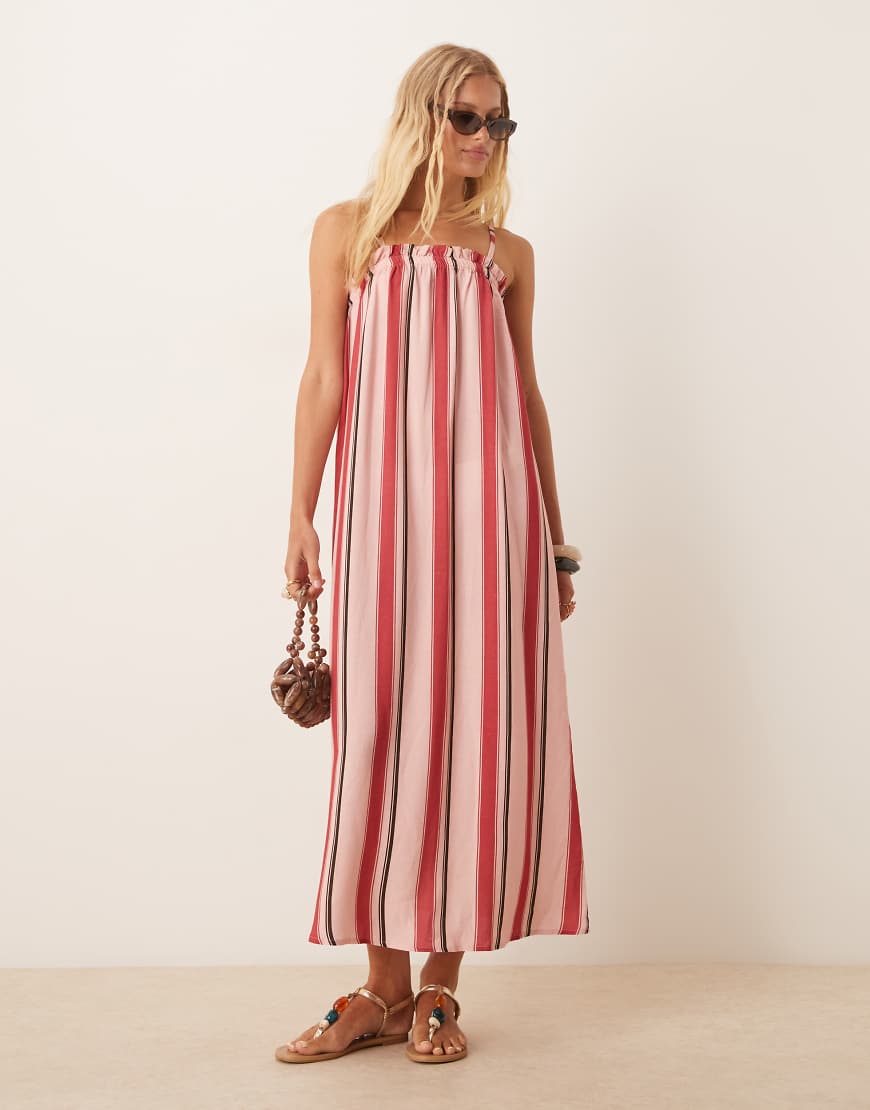 ASOS DESIGN - Trapezförmiges Maxi-Trägerkleid in gestreiftem Rosa-Bunt