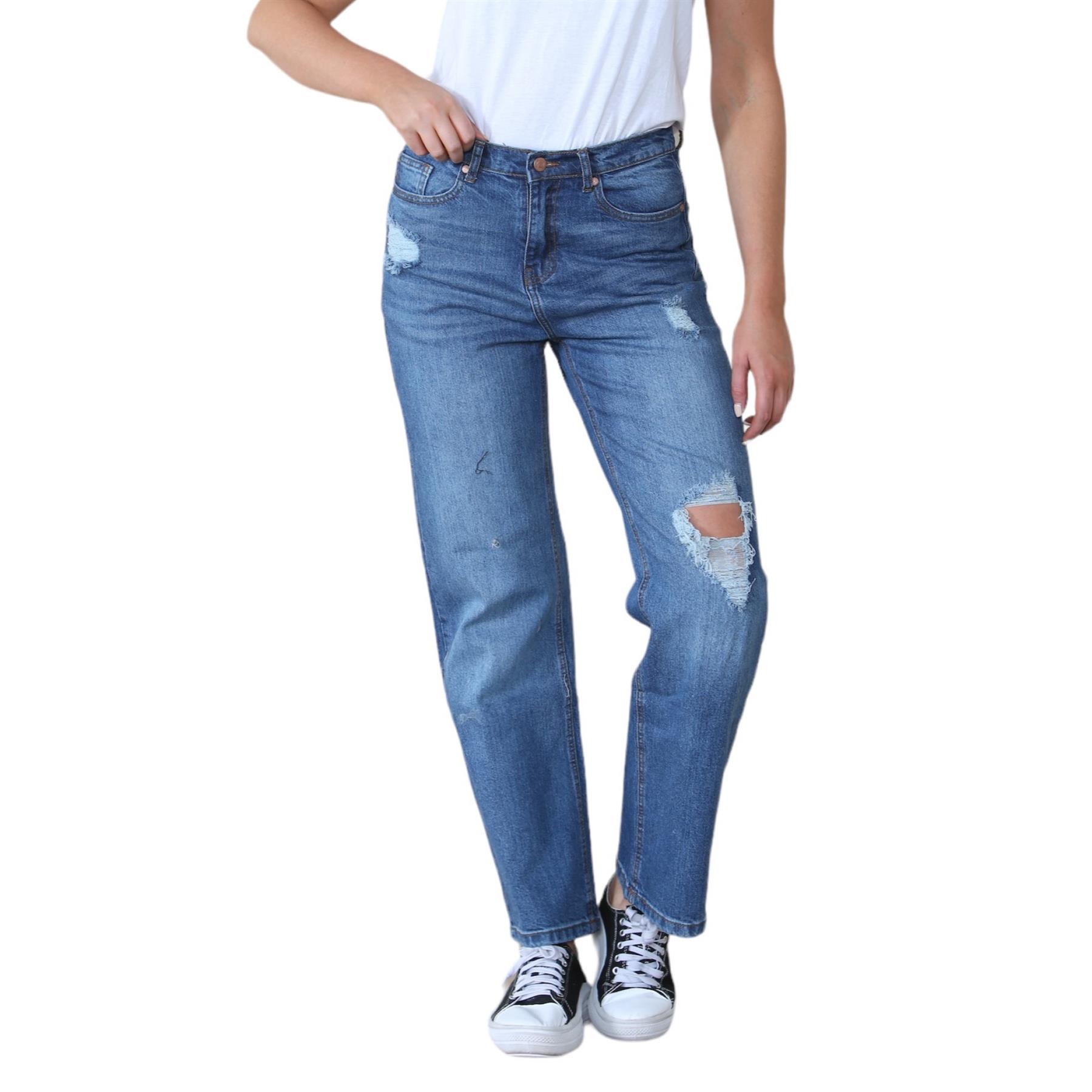 MYT dames wijde pijpen high waisted distressed jeans in middenblauw
