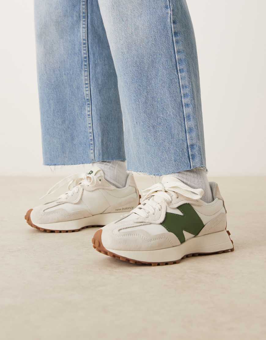New Balance - 327 - Sneakers in Weiß und Dunkelgrün mit Gummisohle