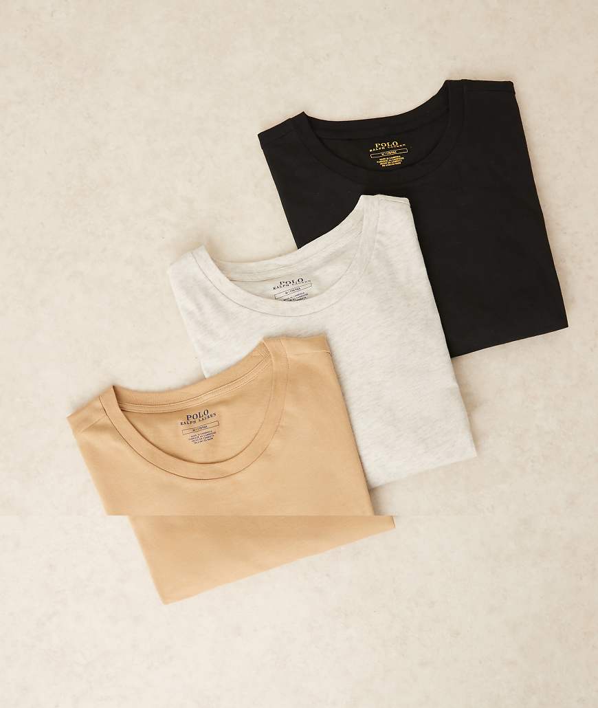 Polo Ralph Lauren - 3er-Pack Lounge-T-Shirts in Kamelbraun/grau meliert/Schwarz mit Logo-Symbol-Bunt