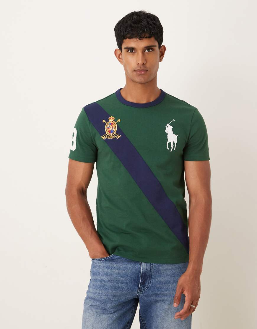 Polo Ralph Lauren - Schweres T-Shirt in Dunkelgrün/Marineblau mit großem Polospielerlogo und diagonalem Streifenmuster