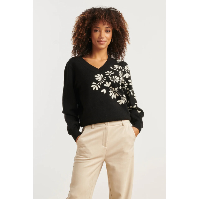 Smashed Lemon Zwart en offwhite bloemenprint met v-hals gebreide top |