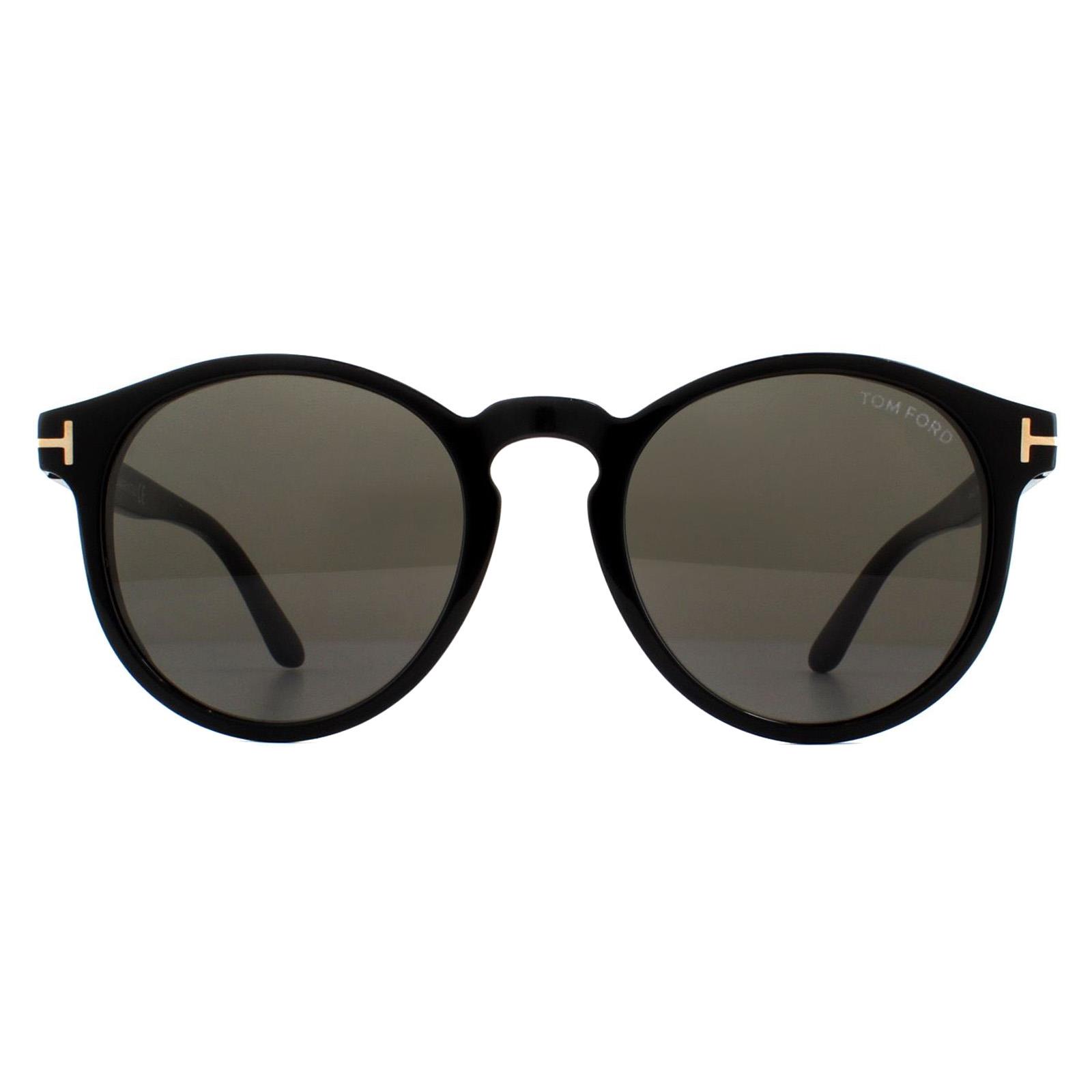 Tom Ford Round unisex glanzende zwarte grijze rook zonnebril