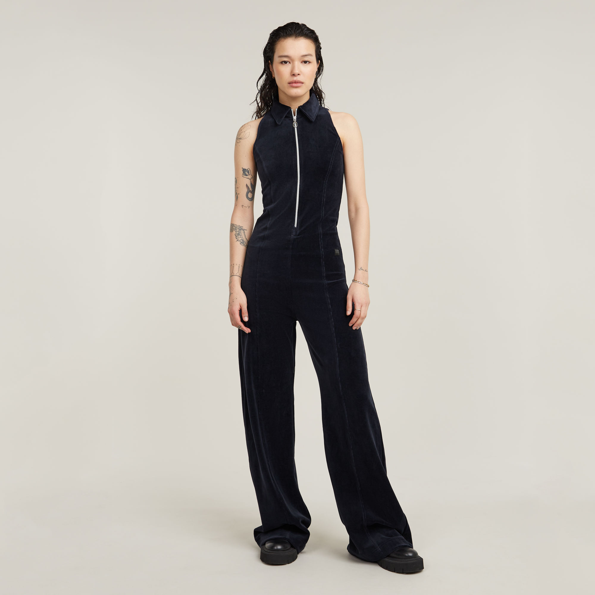 Wide Leg Velvet Jumpsuit - Donkerblauw - Dames