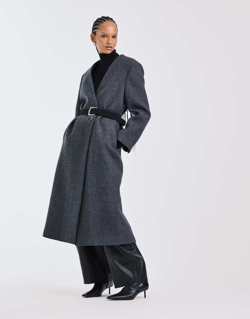 ASOS DESIGN - Hochwertiger, kragenloser Mantel aus Wollmix in Anthrazit-Grau