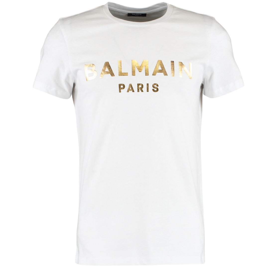 Balmain Paris Gold Branded Logo White T-Shirt