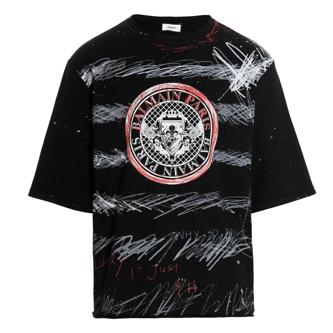 Balmain Paris Graffiti Coin Logo Zwart T-shirt