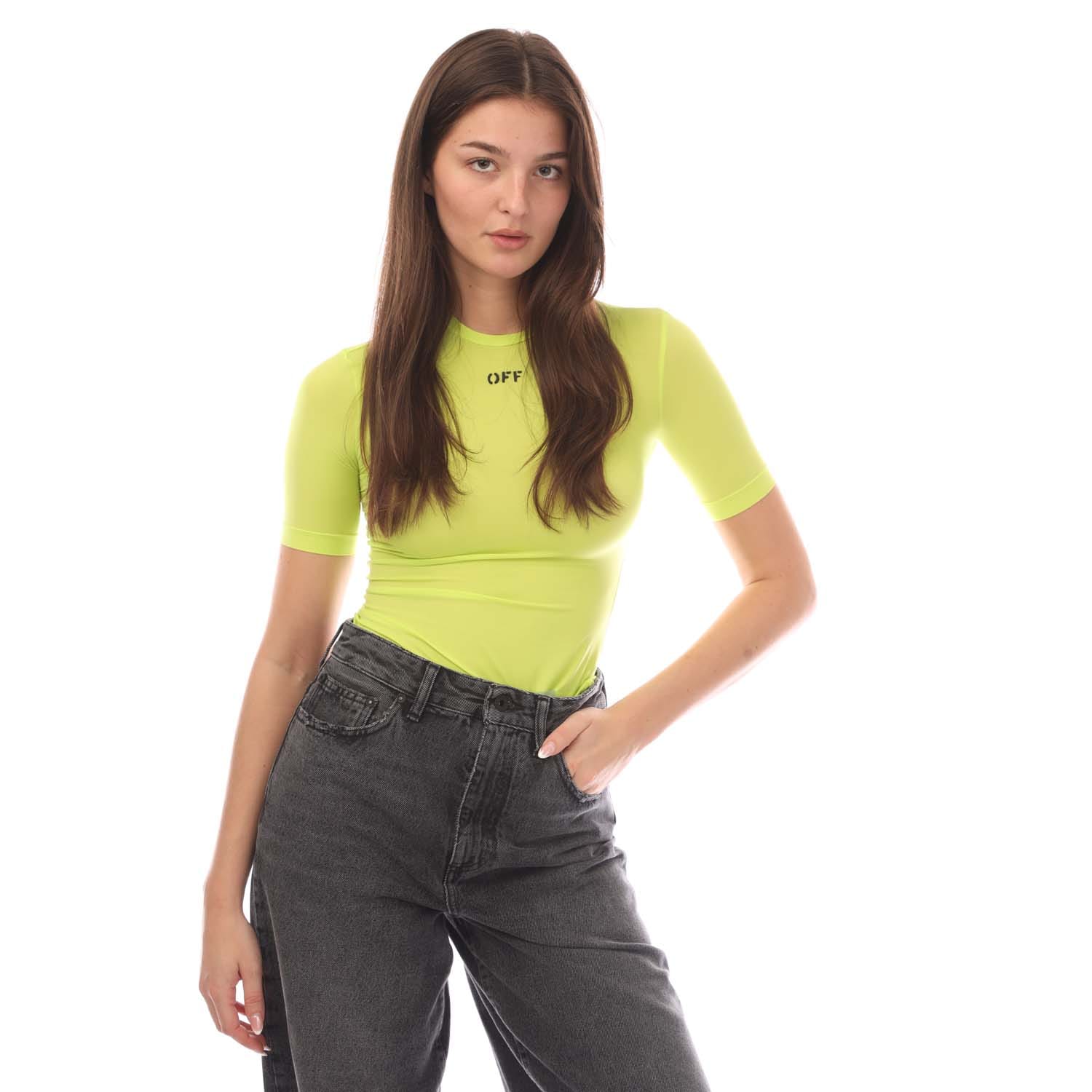 Dames-T-shirt Off White Off Stamp Sec Skin Crew Neck in Geel