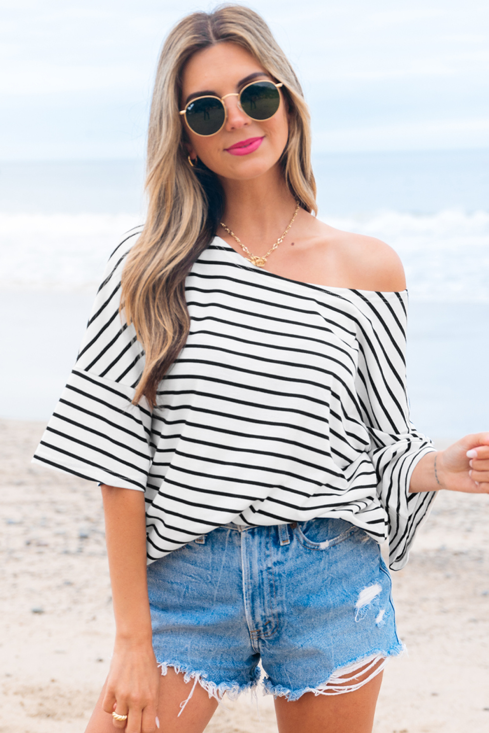 Gestreepte Off-shoulder T-shirt - maat S