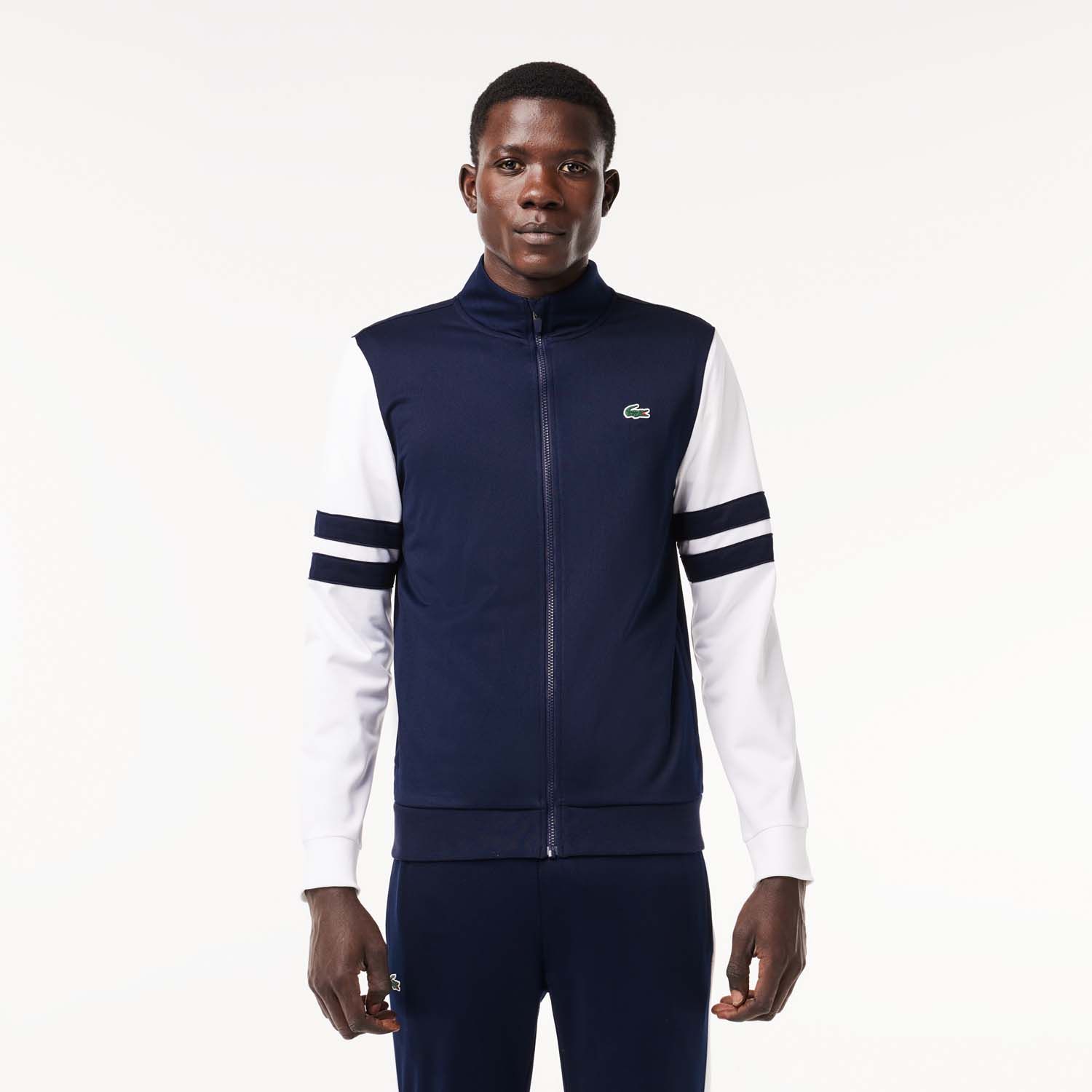 Men's Lacoste Sportsuit Striped Tennis Sweatshirt in Navy-White